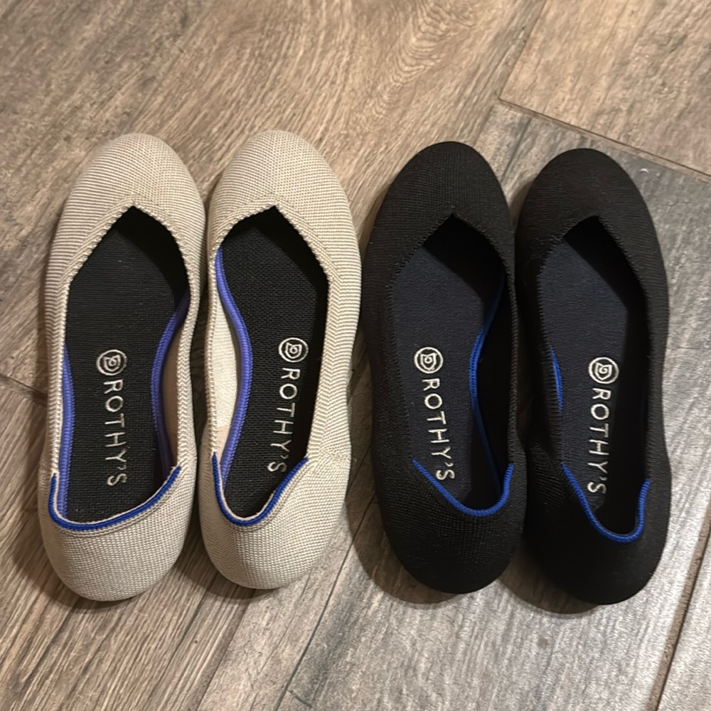 Two pairs of neutral Rothys, round toe size 9.  One black one cream.